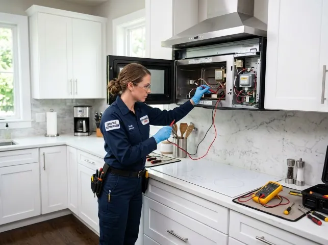 Appliance Repair Hero technician testing an over-the-range microwave in a Beloit, WI kitchen